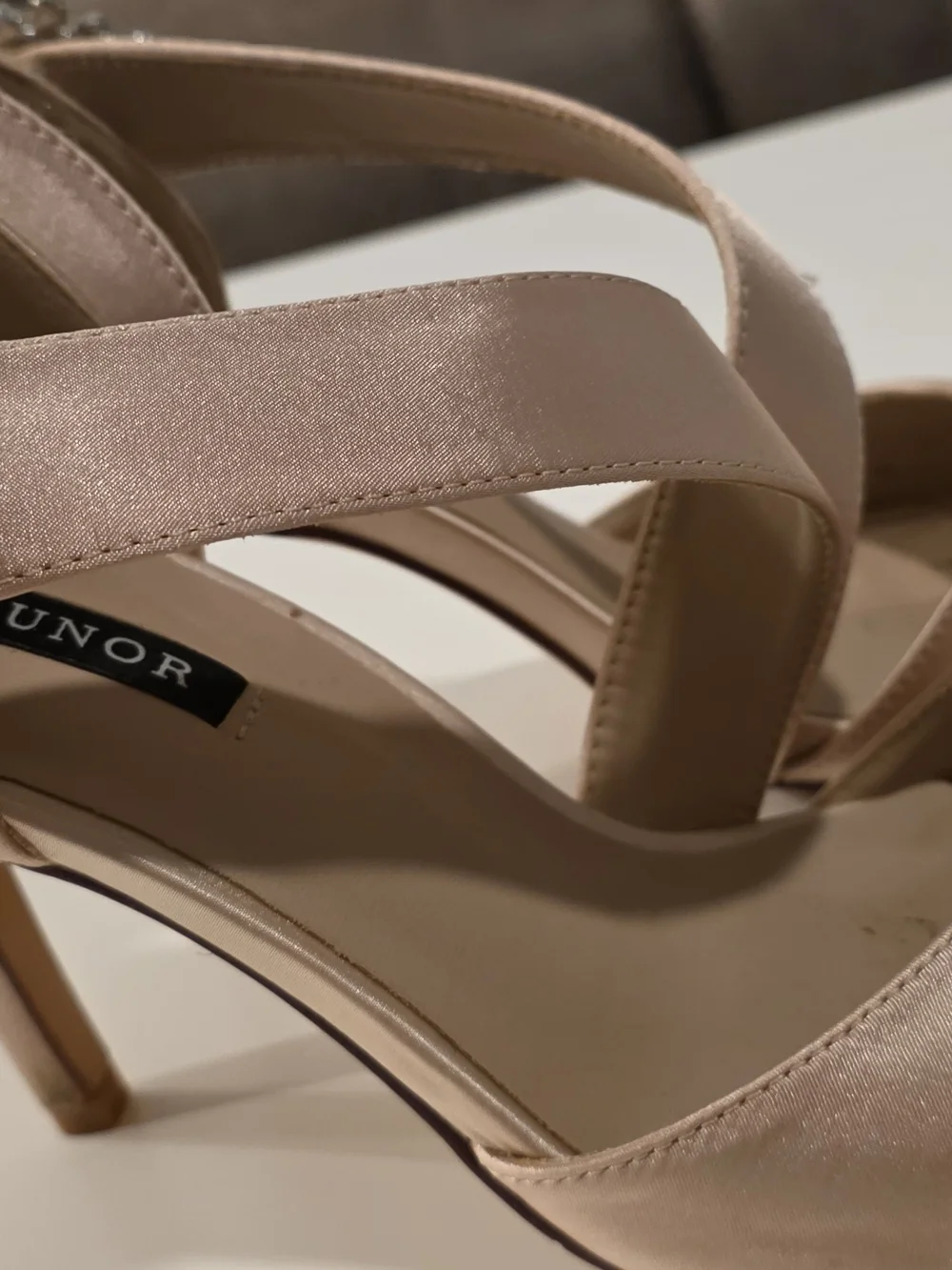Nude Satin Heeled Sandals with Crystal Brooch Accent
